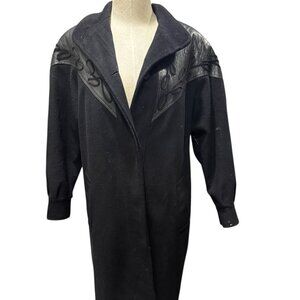 Vintage Billi by Billy Black Wool Long Coat Faux Leather Trim Statement Outerwea